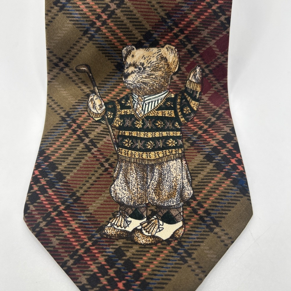 VTG Polo Ralph Lauren Golfing Tartan Big Bear Logo 100% Silk Plaid Neck Tie EUC